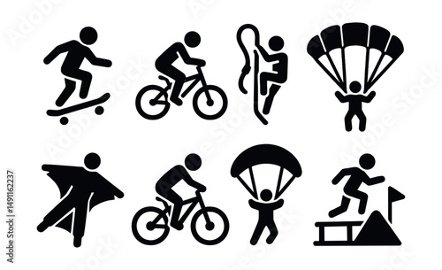 Solid style icons of extreme sports: skateboard trick, BMX bike, climbing rope, skydiving parachute, wingsuit icon, mountain biking, base jumping, obstacle course.
