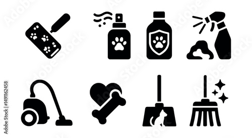 Solid style icons of pet-friendly cleaning: fur roller, odor neutralizer, pet-safe label, accident cleaner, hair vacuum, chew-safe icon, pet zone mop, allergen filter.