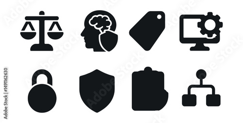 Solid style icons of AI ethics and safety: fairness scale, bias detection icon, explainability tag, transparency icon, privacy lock, responsible AI badge, safety protocol, audit trace.