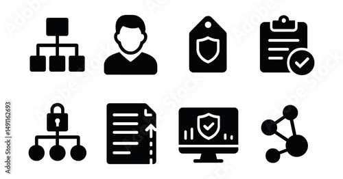 Solid style icons of data governance in insights: lineage graph, data steward, policy tag, quality check icon, access rules, audit trail icon, compliance dashboard, insight traceability.