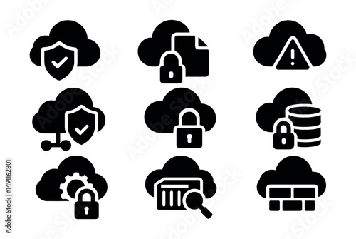 Solid style icons of cloud security systems: CSPM icon, cloud access policy, misconfig alert, cloud workload protection, encrypted storage icon, API security, container scan, cloud firewall.