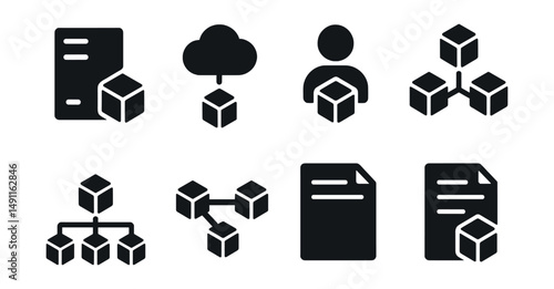 Solid style icons of blockchain infrastructure: full node, light node, validator icon, network fork, genesis block, sidechain icon, smart contract engine, on-chain data.