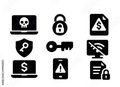 Solid style icons of ransomware defense: ransomware icon, encryption lock, file hostage warning, recovery key icon, offline backup, isolate device, ransom alert, secure recovery plan.