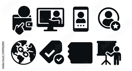 Solid style icons of blockchain education and adoption: wallet tutorial, blockchain course icon, onboarding screen, new user badge, adoption map, beginner-friendly tag, web3 guide, teach chain.