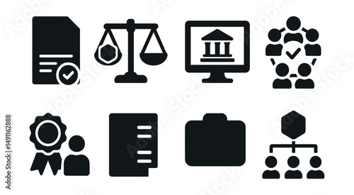 Solid style icons of blockchain governance: DAO proposal, voting weight, governance portal, quorum icon, delegate badge, vote result icon, snapshot vote, governance structure.