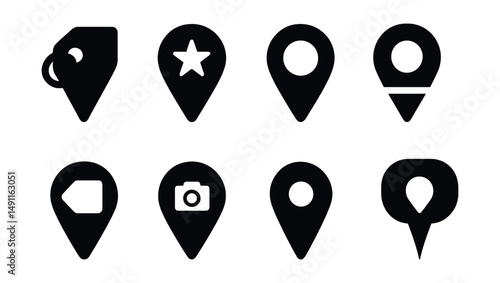 Solid style icons of pin types with labels: pin with tag, starred pin, custom color pin, labeled location, pinned note icon, pin with icon inside, icon-only pin, pin tooltip.