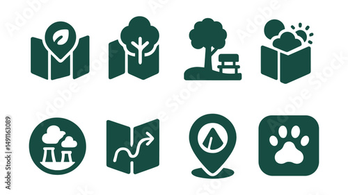 Solid style icons of map with environmental info: green zone icon, tree on map, park area, weather layer, pollution level badge, eco path, natural landmark pin, habitat zone.