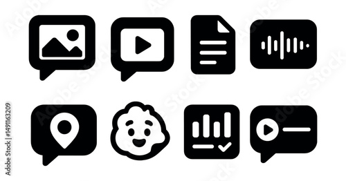 Solid style icons of multimedia in messages: image in chat bubble, video thumbnail bubble, file icon in message, audio wave icon, location in bubble, sticker icon, poll icon, voice message play.