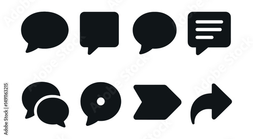Solid style icons of basic message bubbles: rounded chat bubble, square message bubble, speech balloon icon, text line in bubble, double bubble stack, bubble with dot, sent message icon, reply arrow.