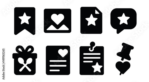Solid style icons of saved content: saved bookmark with star, hearted photo icon, favorite file, starred message bubble, wishlist item, saved recipe, favorited article, pinned favorite.
