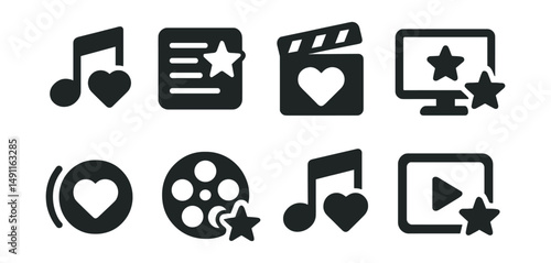 Solid style icons of favorite media content: hearted song icon, starred playlist, saved video, episode with star, favorite channel icon, podcast heart, favorite movie reel, music with heart.