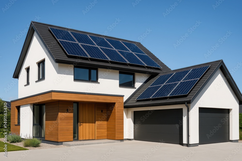 Fototapeta premium Modern home with solar panels showcasing sustainable living under a clear blue sky Generative AI