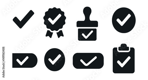 Solid style icons of confirmation actions: checkmark icon, confirmed badge, approved stamp, green tick, success circle, yes button, positive response icon, task completed.
