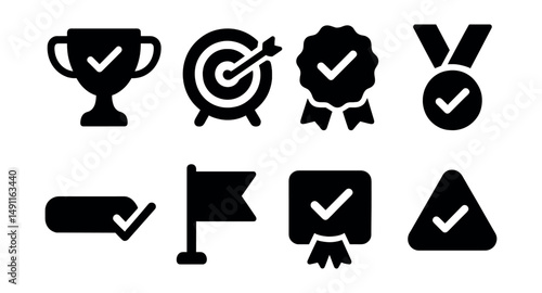 Solid style icons of success indicators: trophy check, goal completed, milestone badge, medal with check, progress bar finished, flag reached, mission accomplished, success alert.
