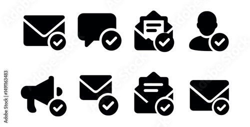 Solid style icons of email and communication: email with tick, message delivered icon, read confirmation, contact approved, outreach accepted, verified email thread, inbox with check, newsletter
