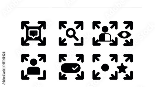 Solid style icons of fullscreen accessibility: fullscreen with caption icon, zoomed fullscreen, high contrast fullscreen, fullscreen for low vision, assistive full display, toggle with feedback,