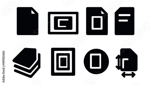 Solid style icons of paper and format: A4 paper icon, landscape print, portrait print icon, double-sided page, stack of paper sheets, print margin icon, page layout badge, paper size setting.