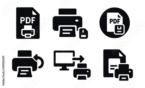 Solid style icons of PDF and virtual print: PDF icon with print, virtual printer icon, print to file, save as PDF badge, e-print action, export to print format, screen to paper icon, paperless print.