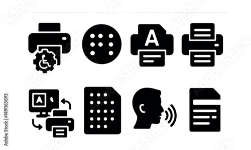 Solid style icons of print accessibility: accessible printer icon, braille print badge, large font printing, simplified layout print, screen reader to print icon, tactile print pattern,