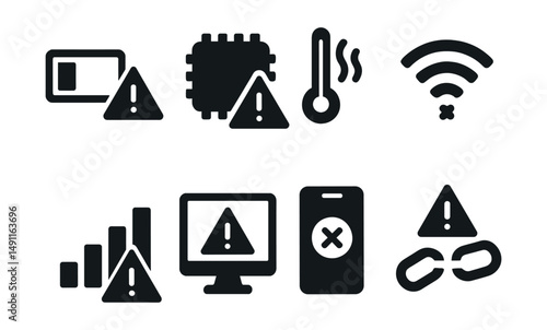 Solid style icons of system alerts: low battery warning, memory full alert, overheating symbol, connection lost icon, signal weak alert, crash warning icon, device error, broken link alert.