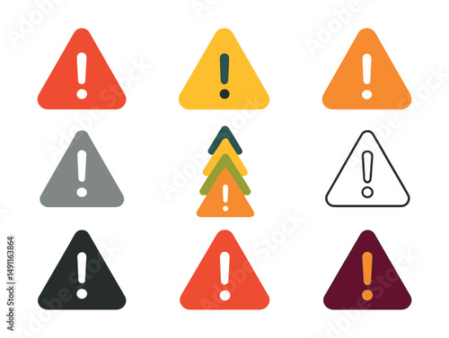 Solid style icons of warning types by color: red alert icon, yellow warning triangle, orange caution symbol, gray inactive alert, multicolor tiered alerts, warning with outline, bold fill alert,