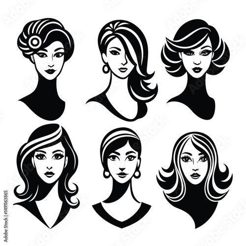 Elegant Woman Face Silhouette Set Isolated Vector Illustration