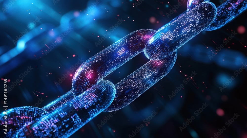 Digital chain link with glowing data points. Digital chain link with glowing data points.