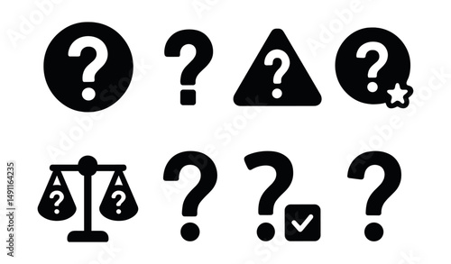 Solid style icons of question hierarchy and weight: big question icon, bolded question mark, critical question triangle, subtle inquiry badge, question scale icon, light vs strong question, marked “?