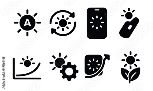 Solid style icons of auto-brightness and adaptive light: A inside sun icon, auto brightness arrows, ambient light sensor, phone with light icon, adaptive brightness curve, brightness with gear, smart