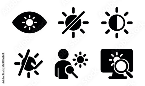 Solid style icons of brightness accessibility: vision-friendly brightness, brightness for low vision, large icon with sun, brightness boost icon, contrast aid, accessible sun, screen magnifier with