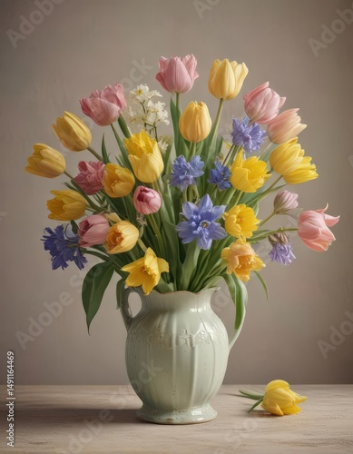 Pastel tulips, daffodils, hyacinths in vintage style vase ,  easter,  cheerful