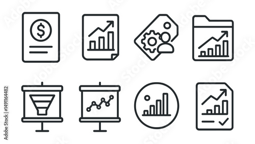 Line style icons of sales reports: sales total icon, revenue chart badge, lead generation tag, customer acquisition file, sales funnel board, product performance chart, monthly sales bubble, sales