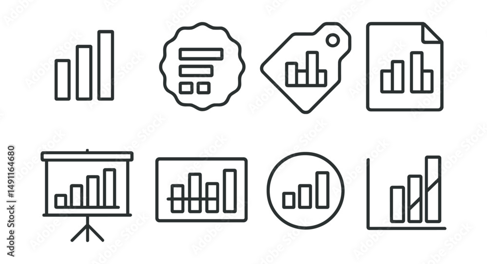 Line style icons of bar diagrams: vertical bars icon, horizontal bars badge, grouped bars tag, comparison chart file, data breakdown board, grouped analysis chart, bar distribution bubble, category Line style icons of bar diagrams: vertical bars icon, horizontal bars badge, grouped bars tag, comparison chart file, data breakdown board, grouped analysis chart, bar distribution bubble, category