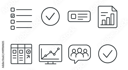 Line style icons of task management in dashboards: task list icon, task status badge, project update tag, work progress file, task priority board, project tracking chart, team task bubble, task