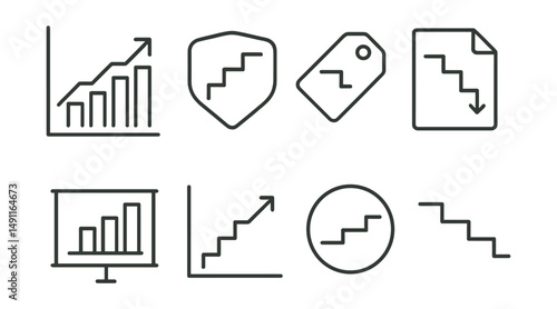 Line style icons of waterfall charts: cumulative icon, step comparison badge, drop-off tag, data flow file, incremental chart board, stepwise graph chart, progress flow bubble, waterfall sequence