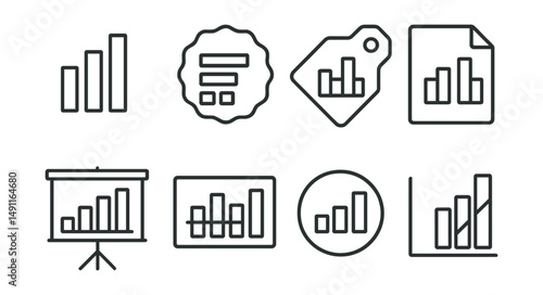 Line style icons of bar diagrams: vertical bars icon, horizontal bars badge, grouped bars tag, comparison chart file, data breakdown board, grouped analysis chart, bar distribution bubble, category