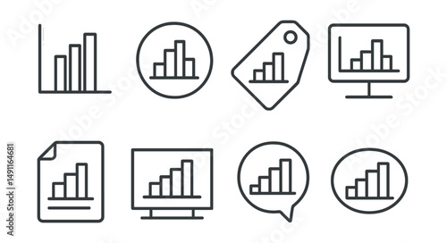 Line style icons of histograms: bar data icon, frequency distribution badge, intervals tag, data binning file, range classification board, interval grouping chart, frequency chart bubble, data