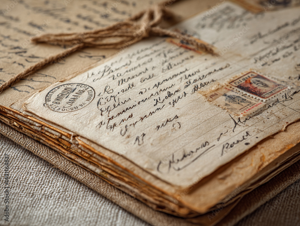 Fototapeta premium Vintage Handwritten Letters and Postcards: Antique Sealed Stamps on Nostalgic Paper for Historical Archive and Collectible Stationery Background