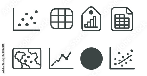 Line style icons of data visualization in infographics: scatter plot icon, heatmap badge, histogram tag, data grid file, map of data board, visualization chart, dot representation bubble, scatter
