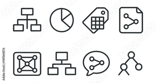 Line style icons of diagrammatic representations: flow diagram icon, chart visualization badge, matrix tag, connection points file, network diagram board, structural chart, connection line bubble,