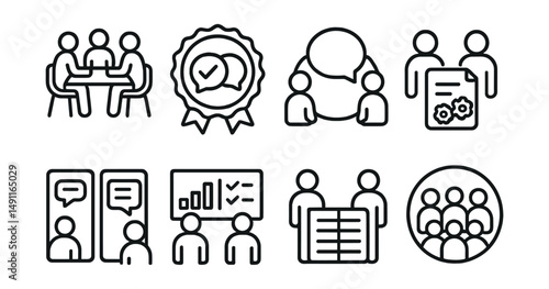 Line style icons of peer learning: study group icon, peer review badge, discussion circle tag, student collaboration file, feedback exchange board, partner task chart, collaborative study bubble,
