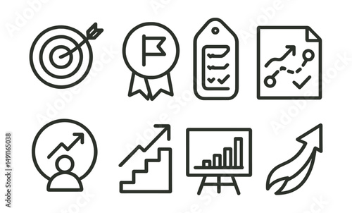 Line style icons of goal setting for growth: target icon, goal marker badge, task tracker tag, success map file, achievement board, milestone chart, personal goals bubble, ambition symbol.