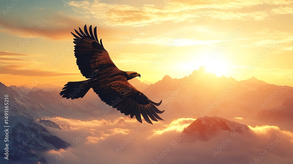 Obraz premium A majestic bald eagle soars powerfully above a dramatic mountain range at dawn.