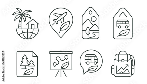 Line style icons of eco-tourism: eco-tourism icon, green travel badge, sustainable destination tag, nature reserve file, responsible travel board, adventure chart, carbon-free travel bubble,