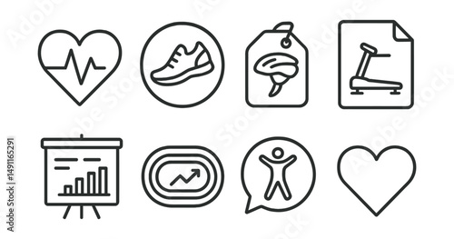 Line style icons of cardio workouts: heart rate icon, running shoes badge, cycling helmet tag, treadmill workout file, HIIT session board, running track chart, cardio exercise bubble, heart health