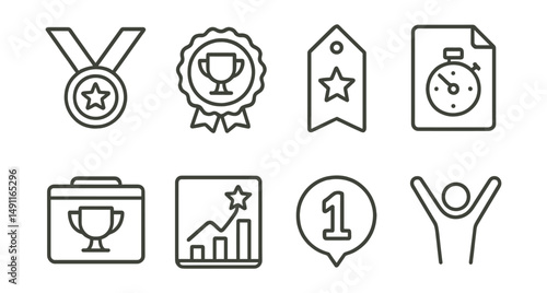 Line style icons of athletic achievements: gold medal icon, trophy badge, performance award tag, winning time file, championship board, achievement chart, top finisher bubble, sports victory symbol.