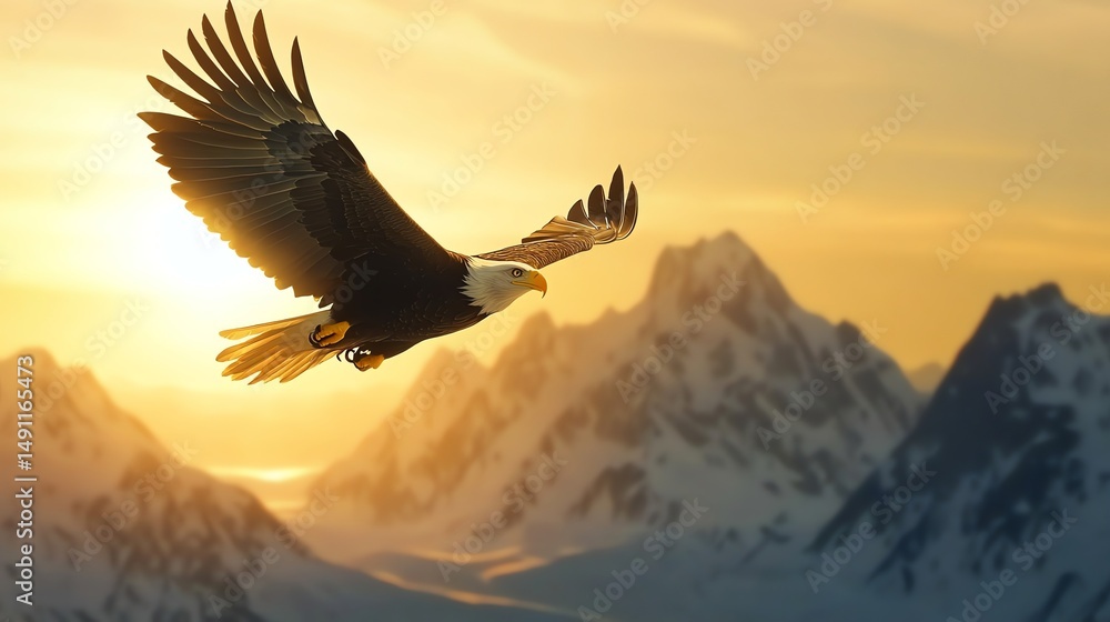 Obraz premium A majestic eagle soars powerfully above a dramatic mountain range at dawn.