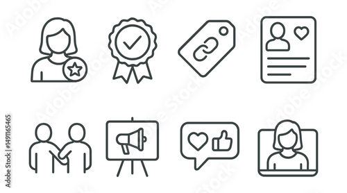 Line style icons of social media influencers: influencer icon, brand ambassador badge, sponsored collaboration tag, influencer post file, partnership chart, promotion share board, engagement bubble,