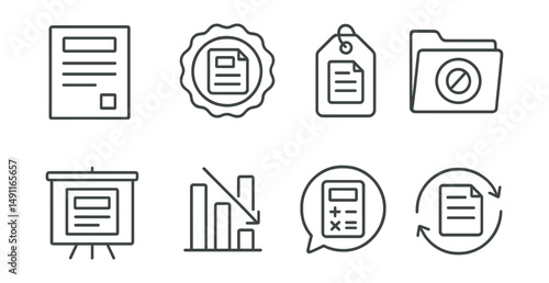 Line style icons of taxes: tax form icon, tax return badge, filing deadline tag, tax exemption file, income tax board, deductions chart, tax calculation bubble, tax refund symbol.