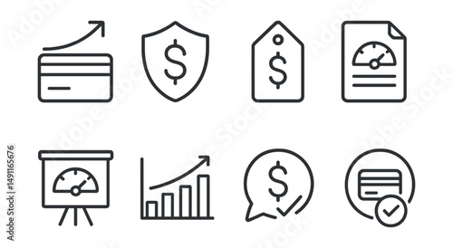 Line style icons of credit and financial responsibility: credit limit icon, responsible spending badge, financial stability tag, credit report file, credit history board, debt-free chart, spending